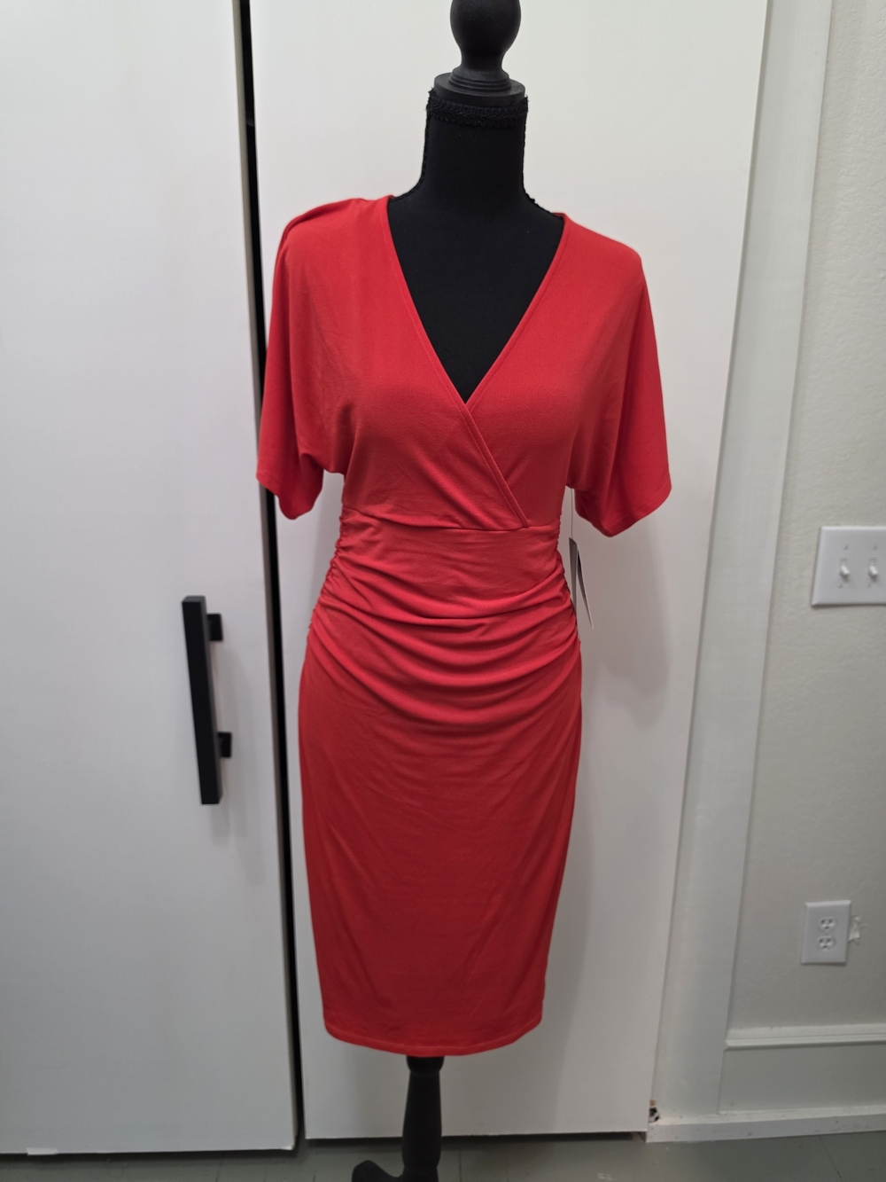 Red Ruched Wrap Midi Dress, Elegant V-Neck